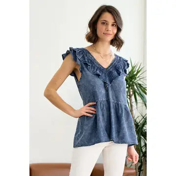 Dark Denim Ruffle Top