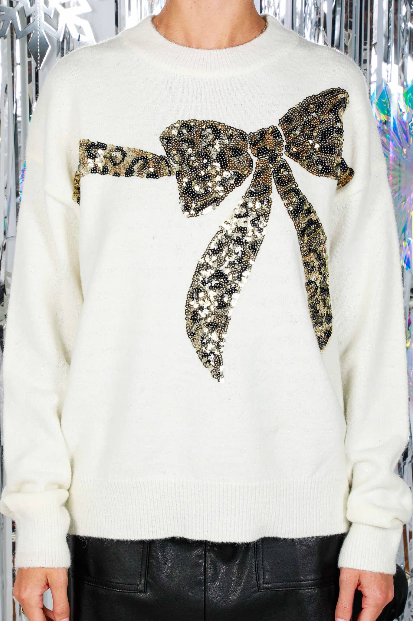 Leopard Sequin Bow Sweater