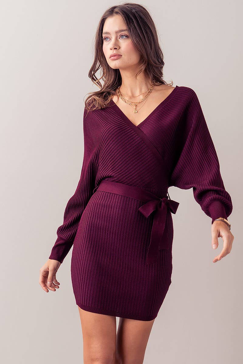 SOLID LONG SLEEVE WRAP DRESS